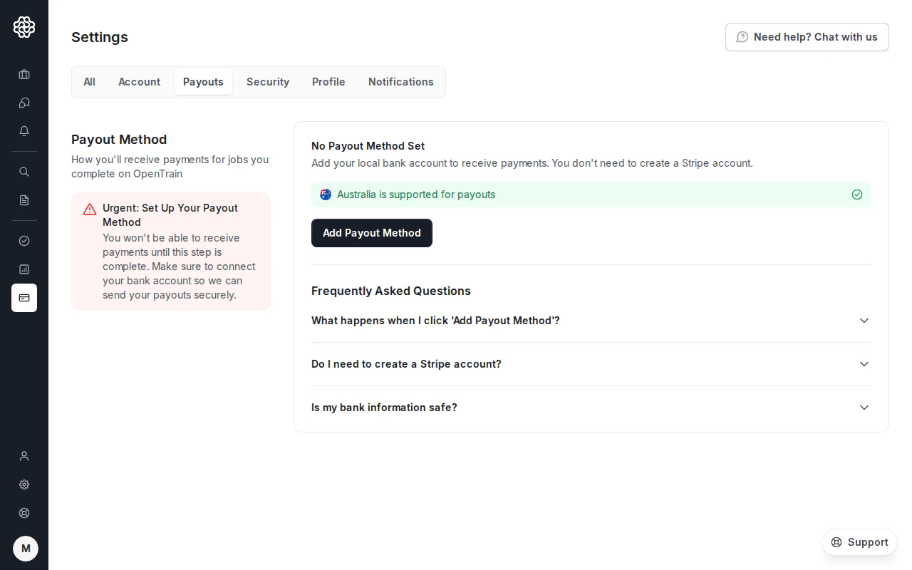 The full OpenTrain AI Trainer Settings page with the Payouts tab selected, showing the Urgent: Set Up Your Payout Method banner, the No Payout Method Set card, the green country-supported confirmation row, the Add Payout Method button, and the FAQ accordions below.