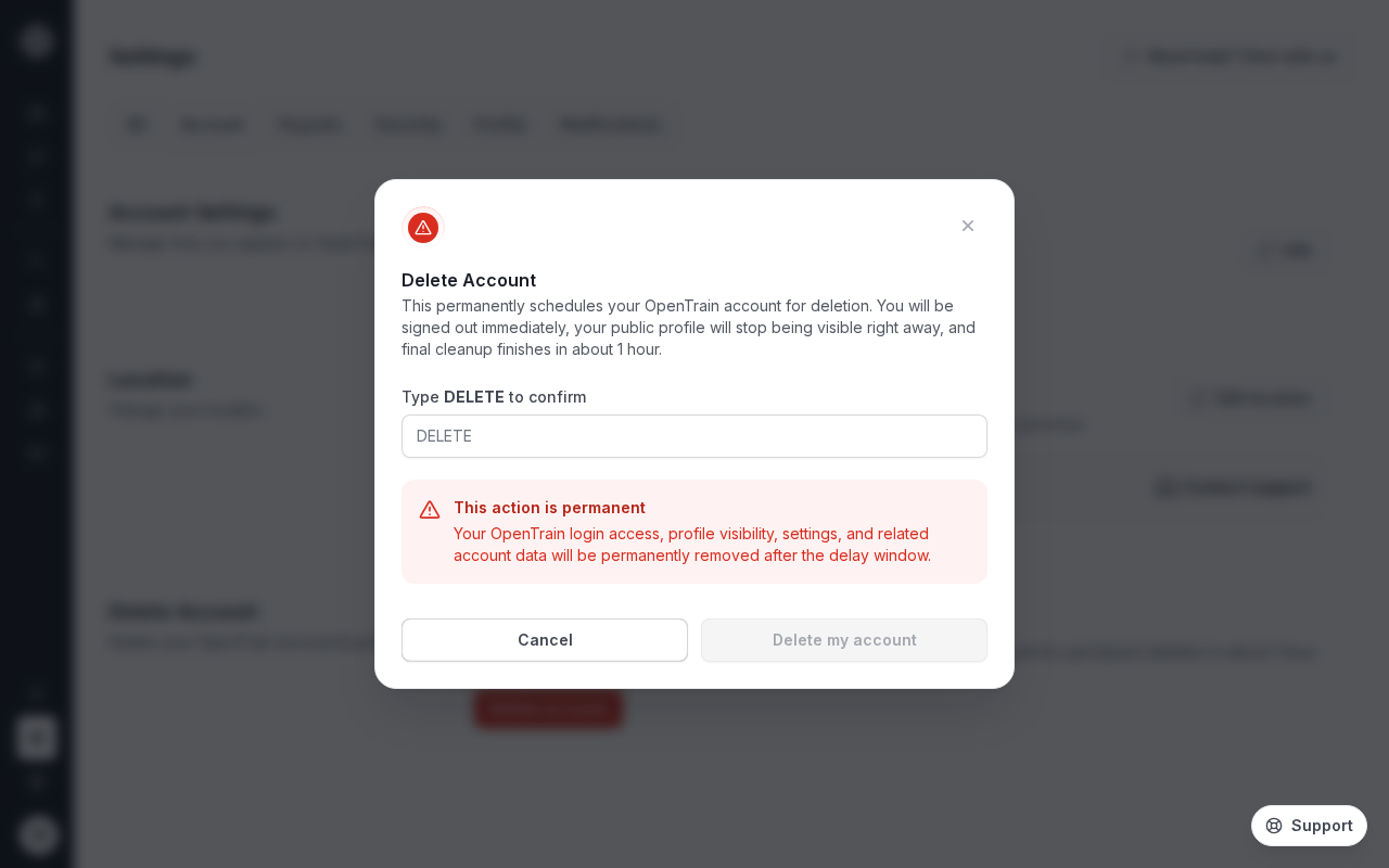 The Delete Account confirmation modal with a text input that requires the user to type DELETE before the destructive button is enabled.