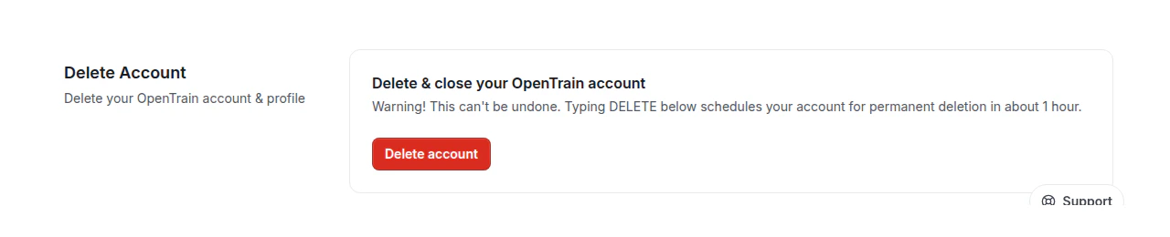 The Delete Account section in AI Trainer settings, with a warning that deletion cannot be undone and the red Delete account button.