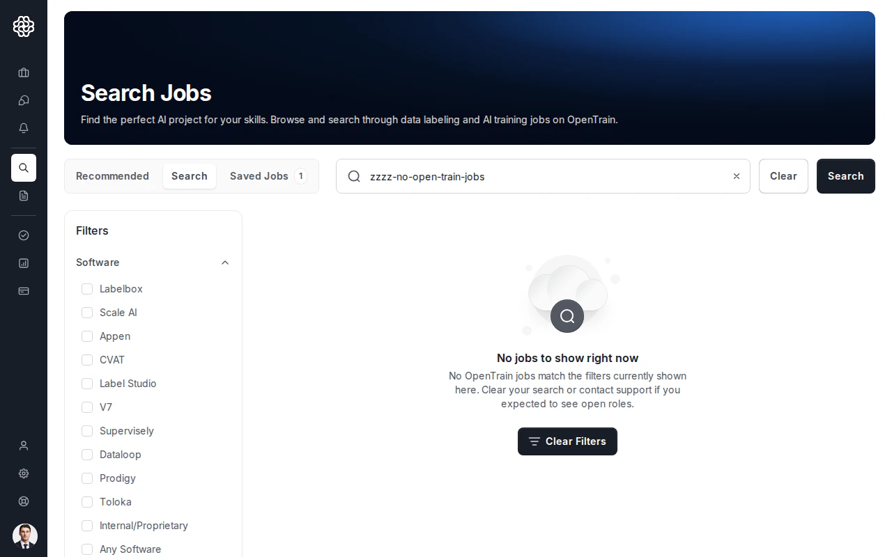 The OpenTrain Jobs page in an empty state, with no jobs listed in Recommended or in the Jobs catalog.