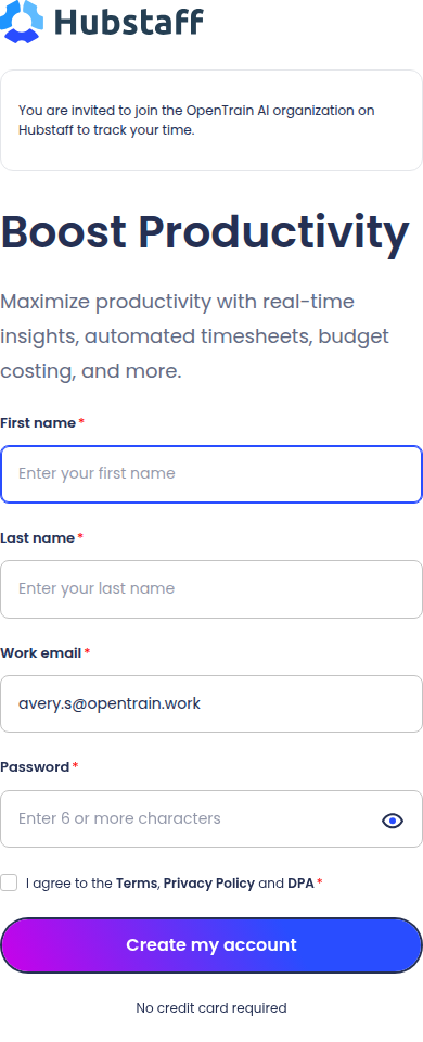 Hubstaff account creation form showing first name, last name, a prefilled OpenTrain Work Email address, a blank password field, terms agreement, and a Create my account button.