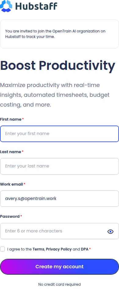 Hubstaff account creation form showing first name, last name, a prefilled OpenTrain Work Email address, a blank password field, terms agreement, and a Create my account button.