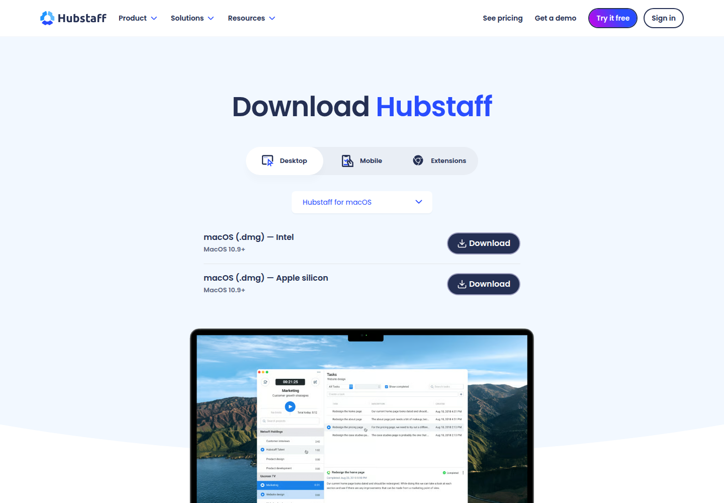 Hubstaff download page with Desktop selected, Hubstaff for macOS chosen, and separate Download buttons for Intel and Apple silicon Macs.