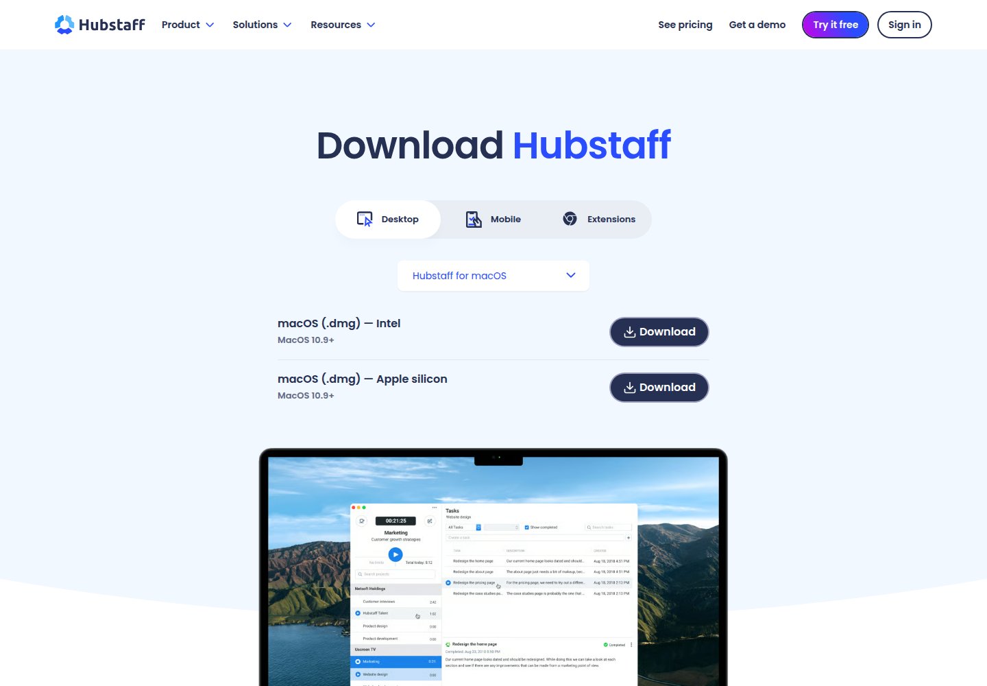 Hubstaff download page with Desktop selected, Hubstaff for macOS chosen, and separate Download buttons for Intel and Apple silicon Macs.
