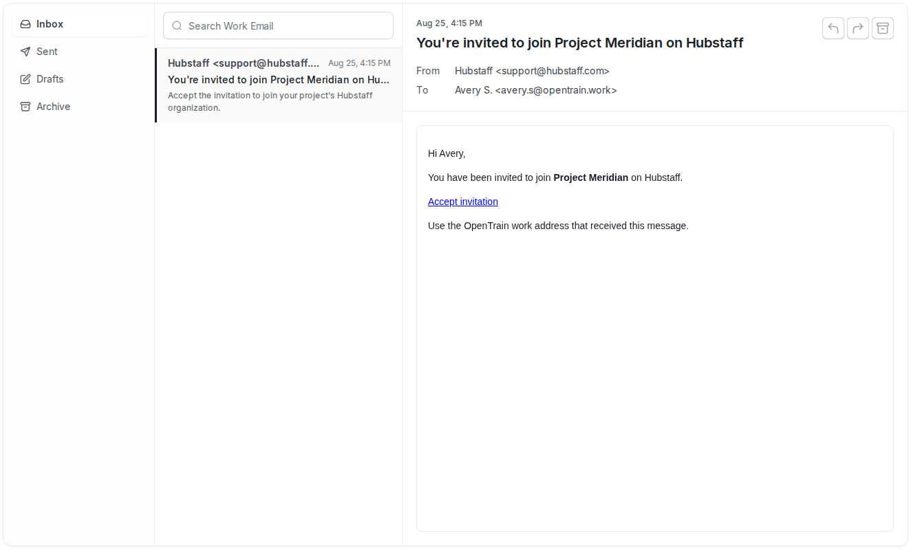 OpenTrain Work Email Inbox showing an unread synthetic Hubstaff project invitation in the message list.