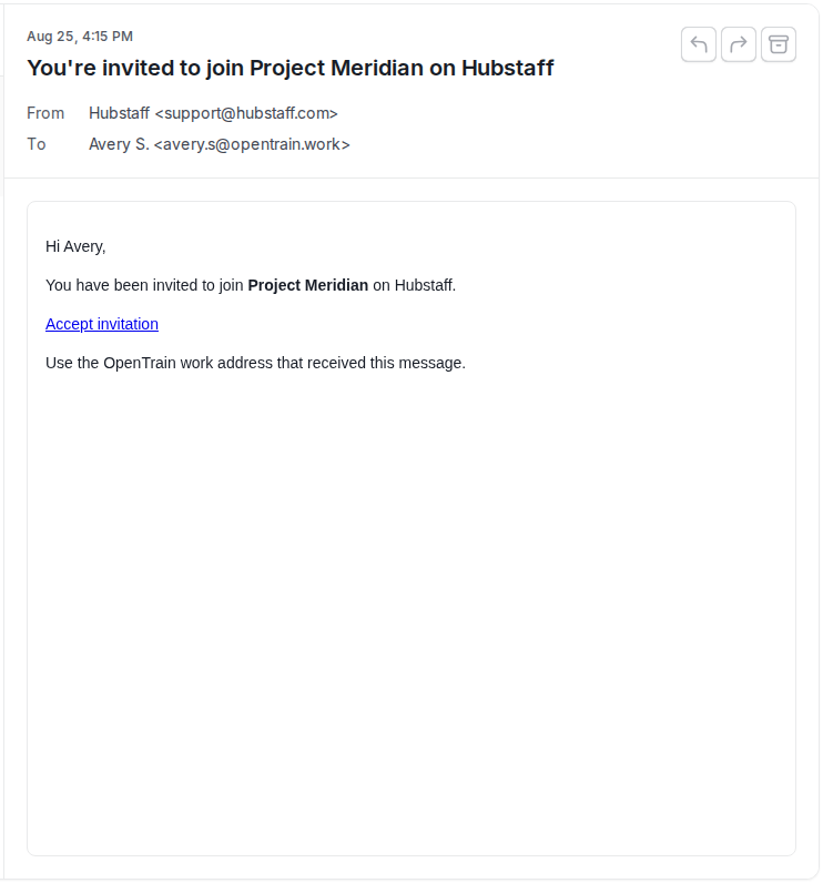 OpenTrain Work Email reader showing a synthetic Hubstaff project invitation and its Accept invitation link.