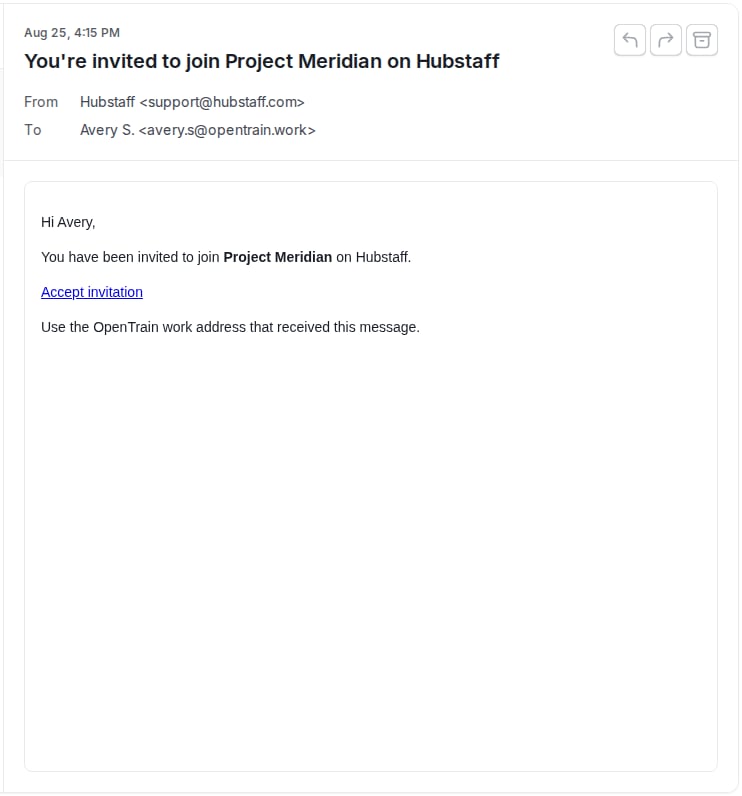 OpenTrain Work Email reader showing a synthetic Hubstaff project invitation and its Accept invitation link.
