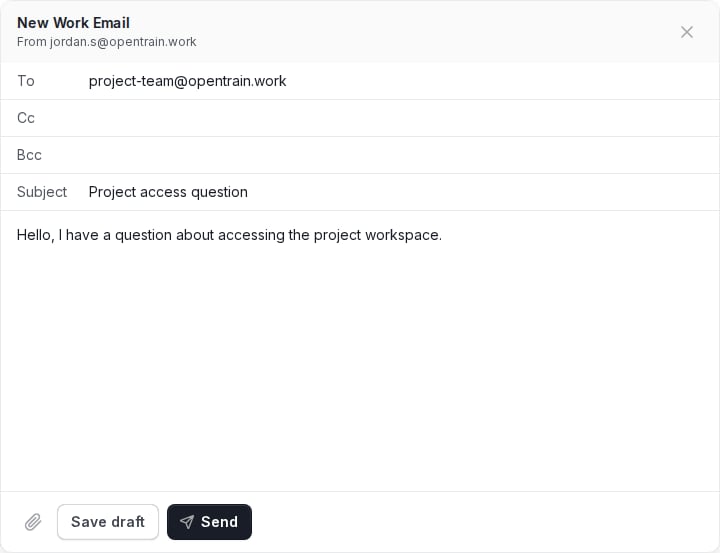OpenTrain Work Email composer with an @opentrain.work sender, recipient, subject, message body, attachment control, Save draft button, and Send button.