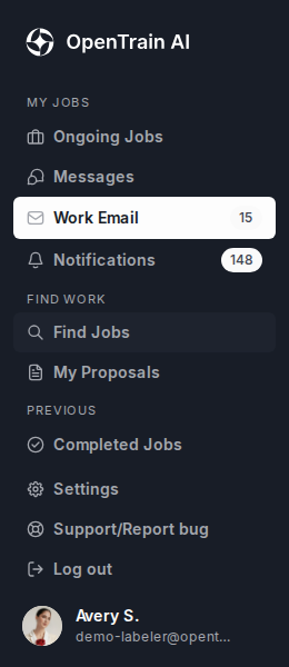 Expanded OpenTrain AI Trainer dashboard navigation with Work Email selected between Messages and Notifications.