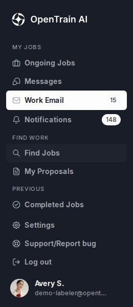 Expanded OpenTrain AI Trainer dashboard navigation with Work Email selected between Messages and Notifications.