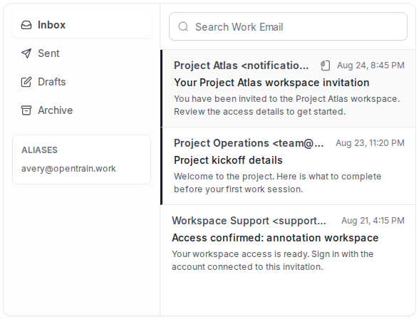 Example OpenTrain Work Email Inbox with Inbox selected, a search box, and three sample incoming messages.