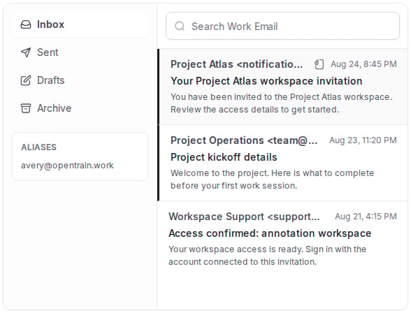 Example OpenTrain Work Email Inbox with Inbox selected, a search box, and three sample incoming messages.