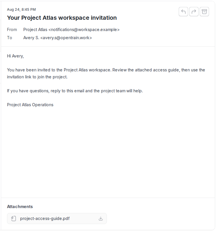 Example received Work Email showing the sender, recipient, subject, message body, PDF attachment, and Reply, Forward, and Archive controls.