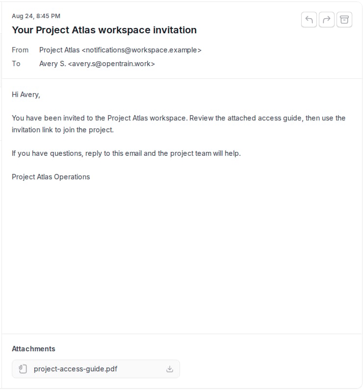 Example received Work Email showing the sender, recipient, subject, message body, PDF attachment, and Reply, Forward, and Archive controls.