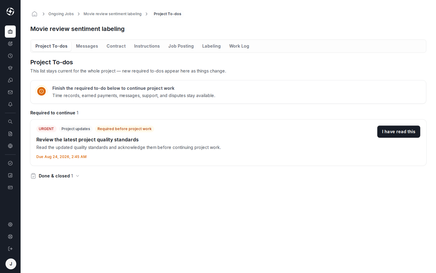 OpenTrain active job page with the Project To-dos tab selected. The page shows a required project update, its due date, and the I have read this completion button.