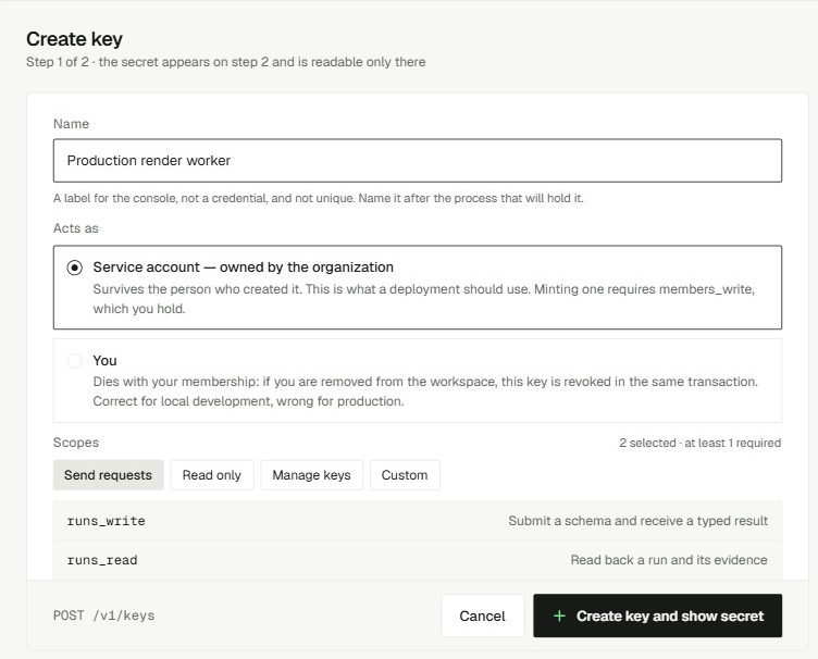 Create key form with a name, an acts-as choice, and the Send requests scope set selecting runs_write and runs_read