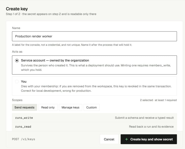 Create key form with a name, an acts-as choice, and the Send requests scope set selecting runs_write and runs_read