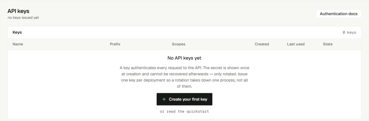 API keys page with no keys yet and a Create your first key button