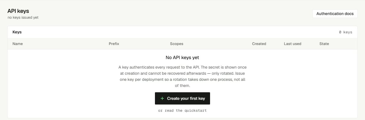 API keys page with no keys yet and a Create your first key button