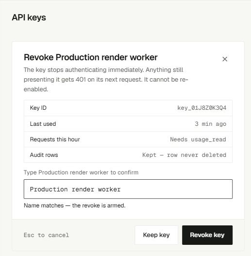 Revoke key dialog warning that the key stops working immediately and cannot be re-enabled