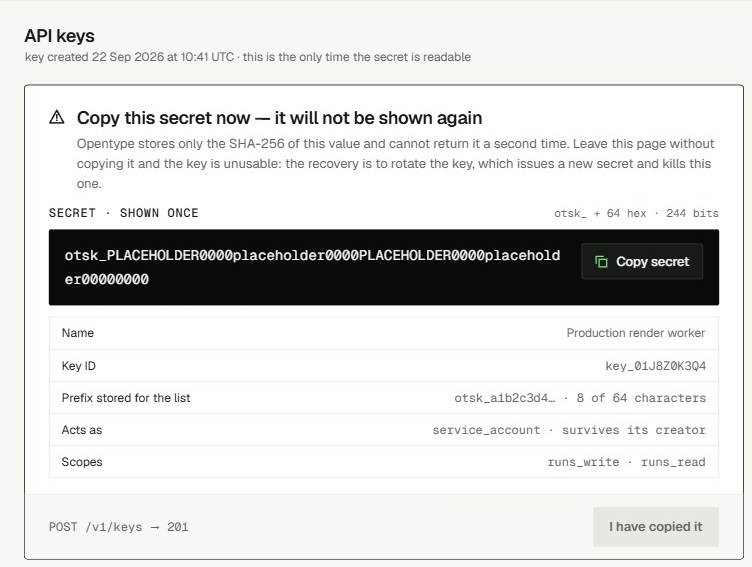 Newly created key showing its secret once, with a Copy secret button and the key's id, prefix and scopes