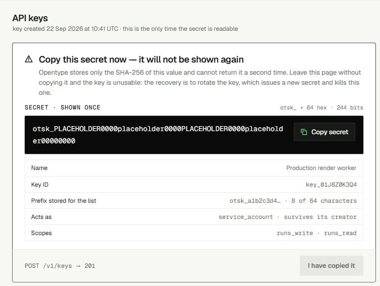 Newly created key showing its secret once, with a Copy secret button and the key's id, prefix and scopes