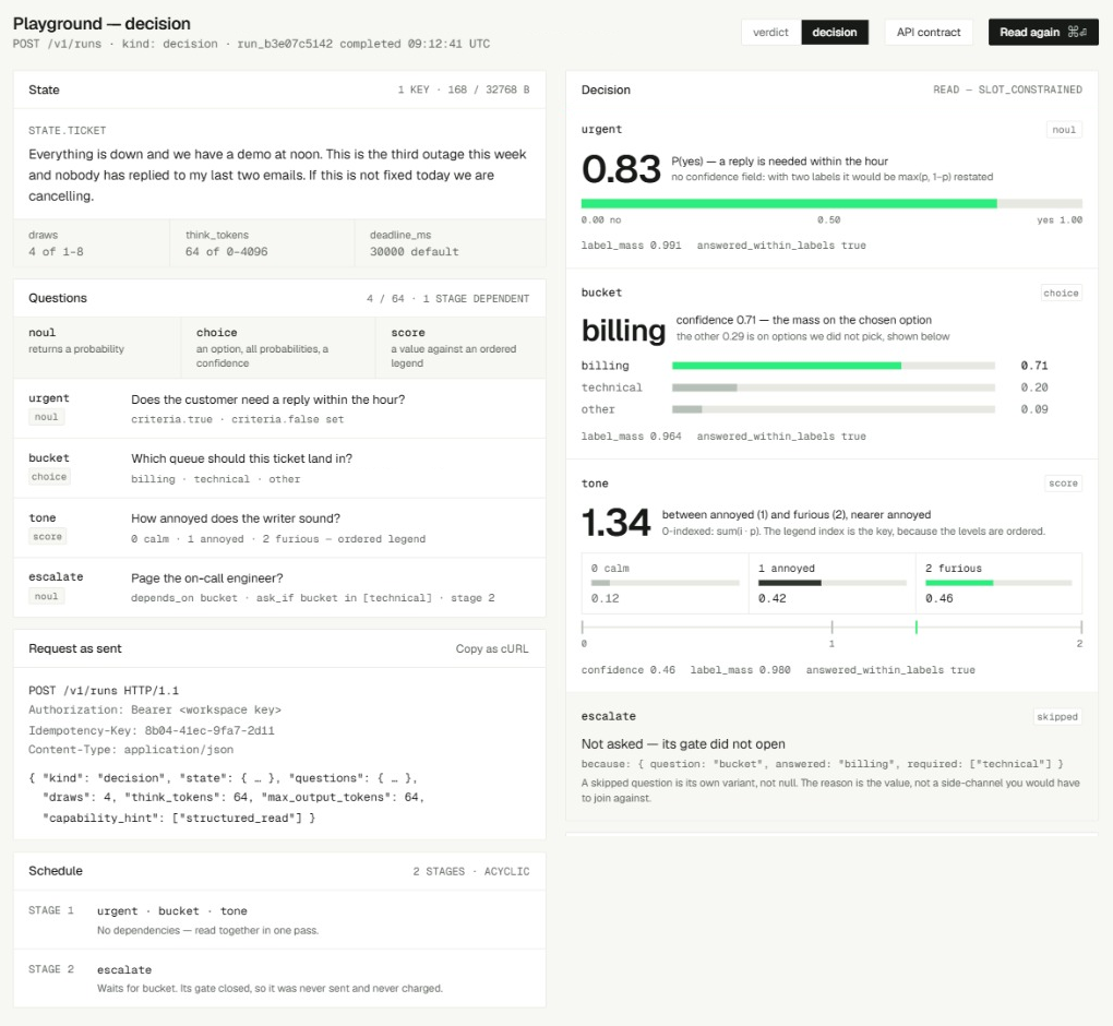 Decision run answering a noul, a choice and a score question about a support ticket, with one gated question skipped