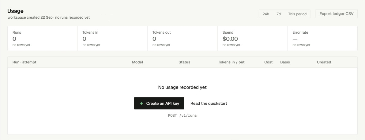 Usage page for a new organization with no runs recorded yet
