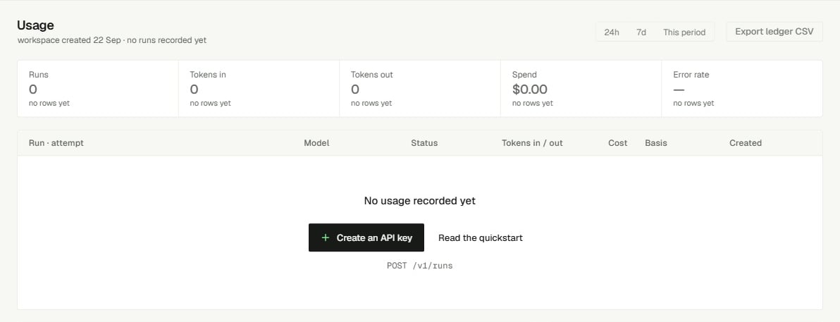 Usage page for a new organization with no runs recorded yet