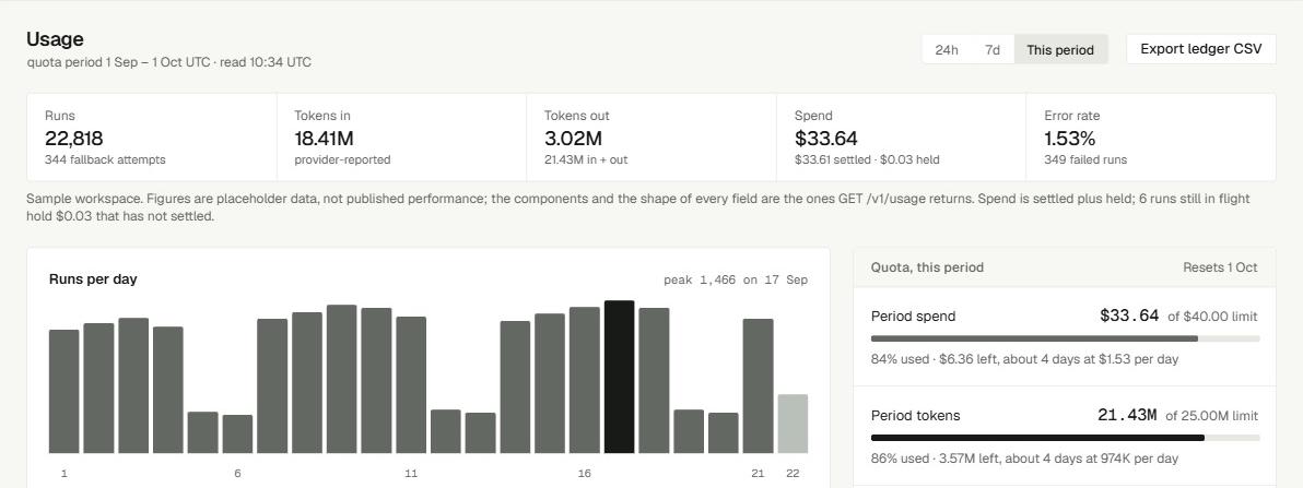 Usage page with run, token, spend and error-rate totals, a runs-per-day chart, and period spend and token quotas