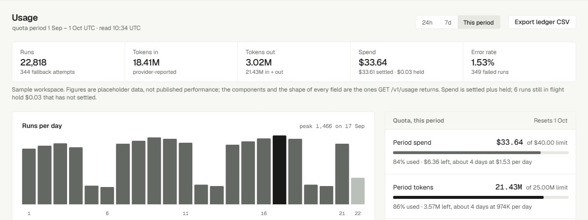 Usage page with run, token, spend and error-rate totals, a runs-per-day chart, and period spend and token quotas