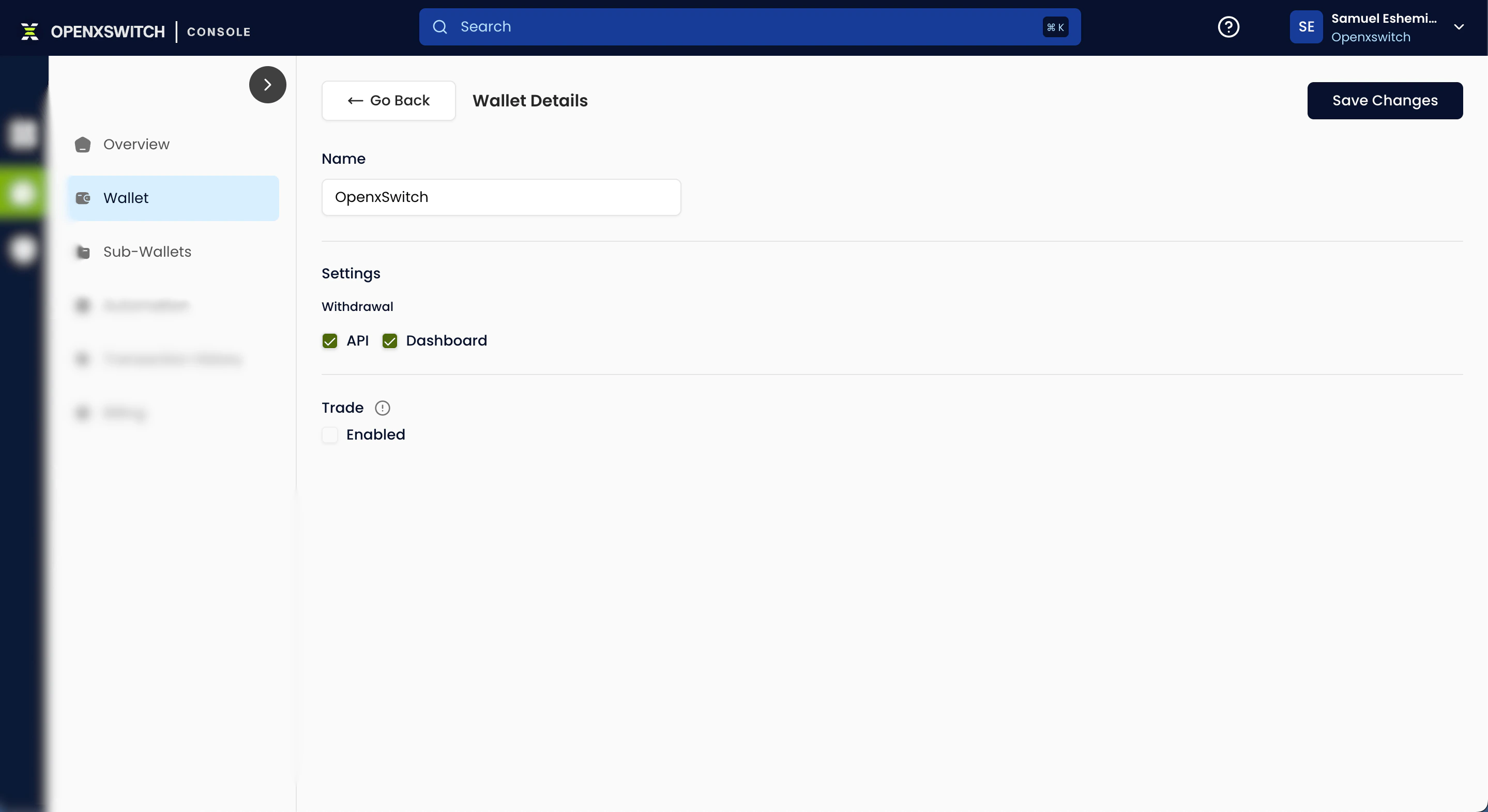 Prime Wallet Settings