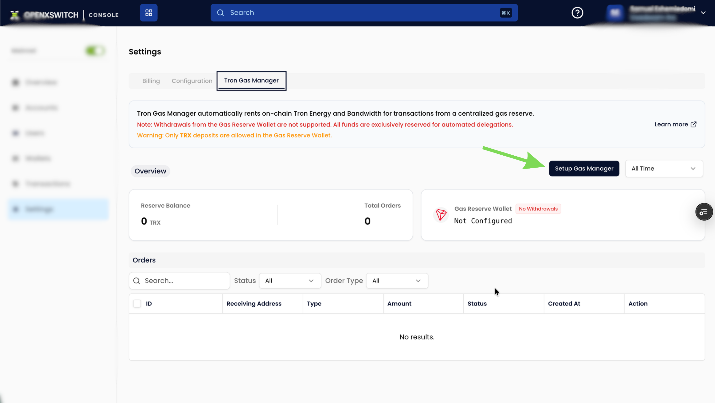 Tron Gas Manager Setup