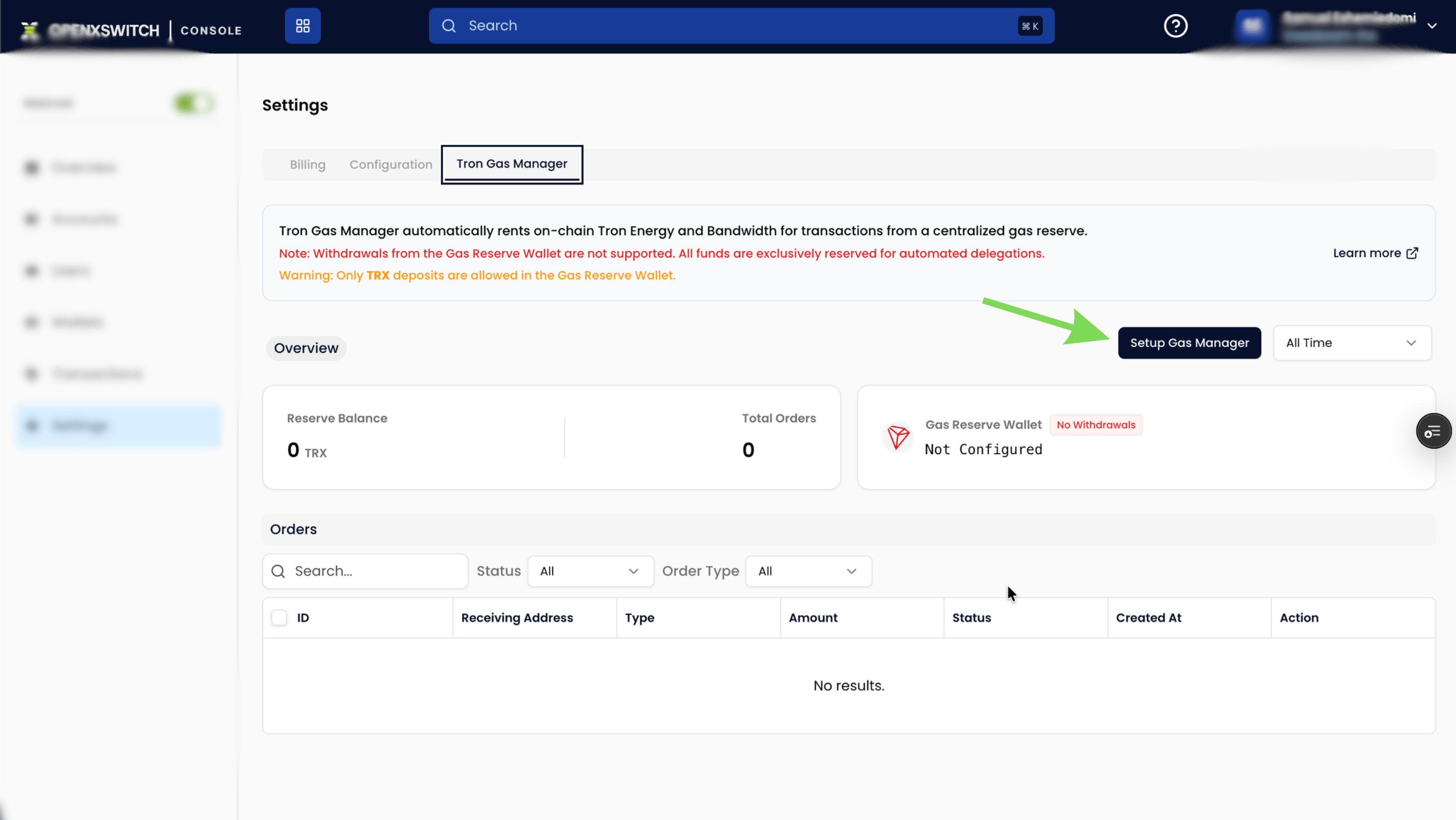 Tron Gas Manager Setup