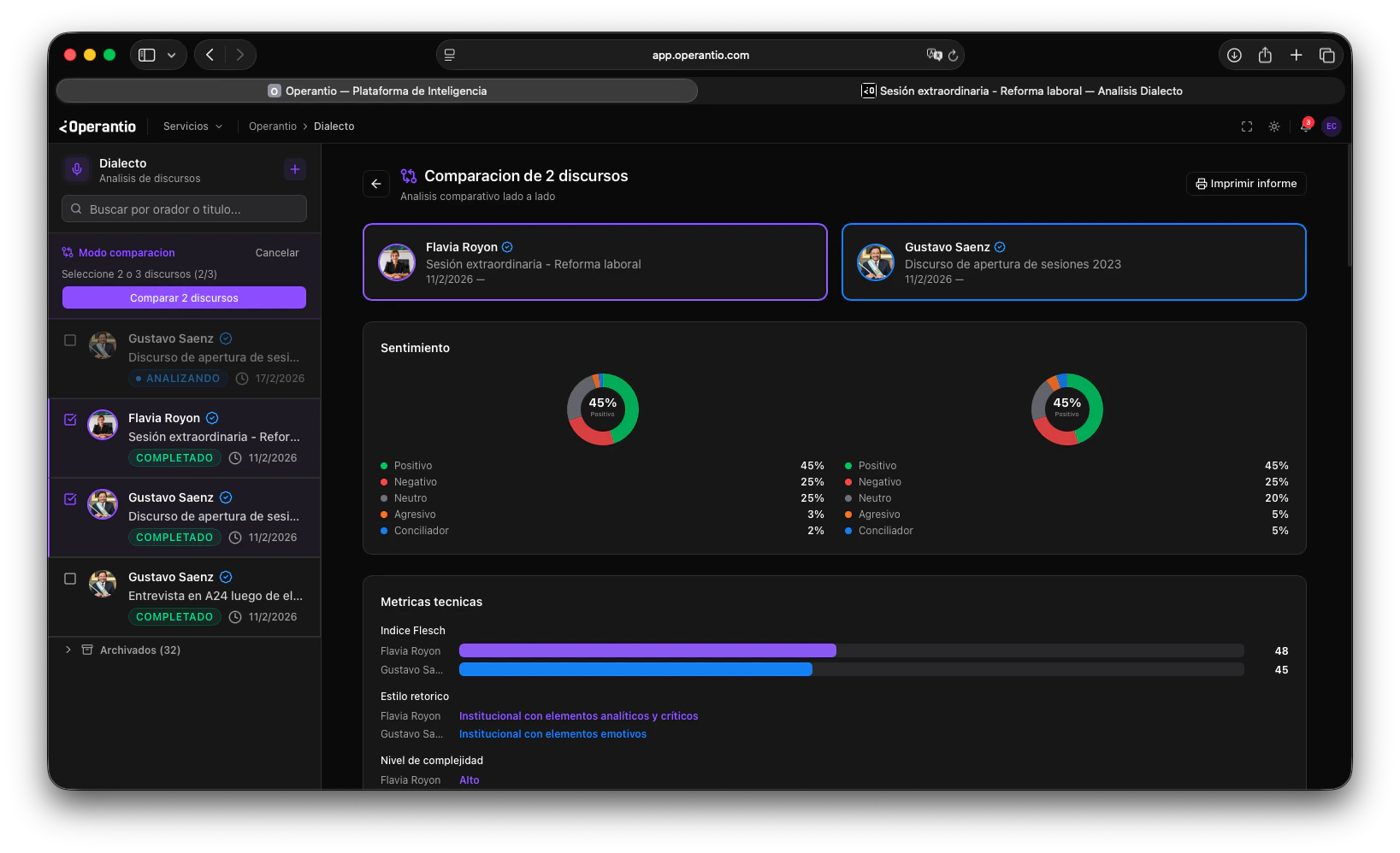 Vista de comparación lado a lado entre dos discursos