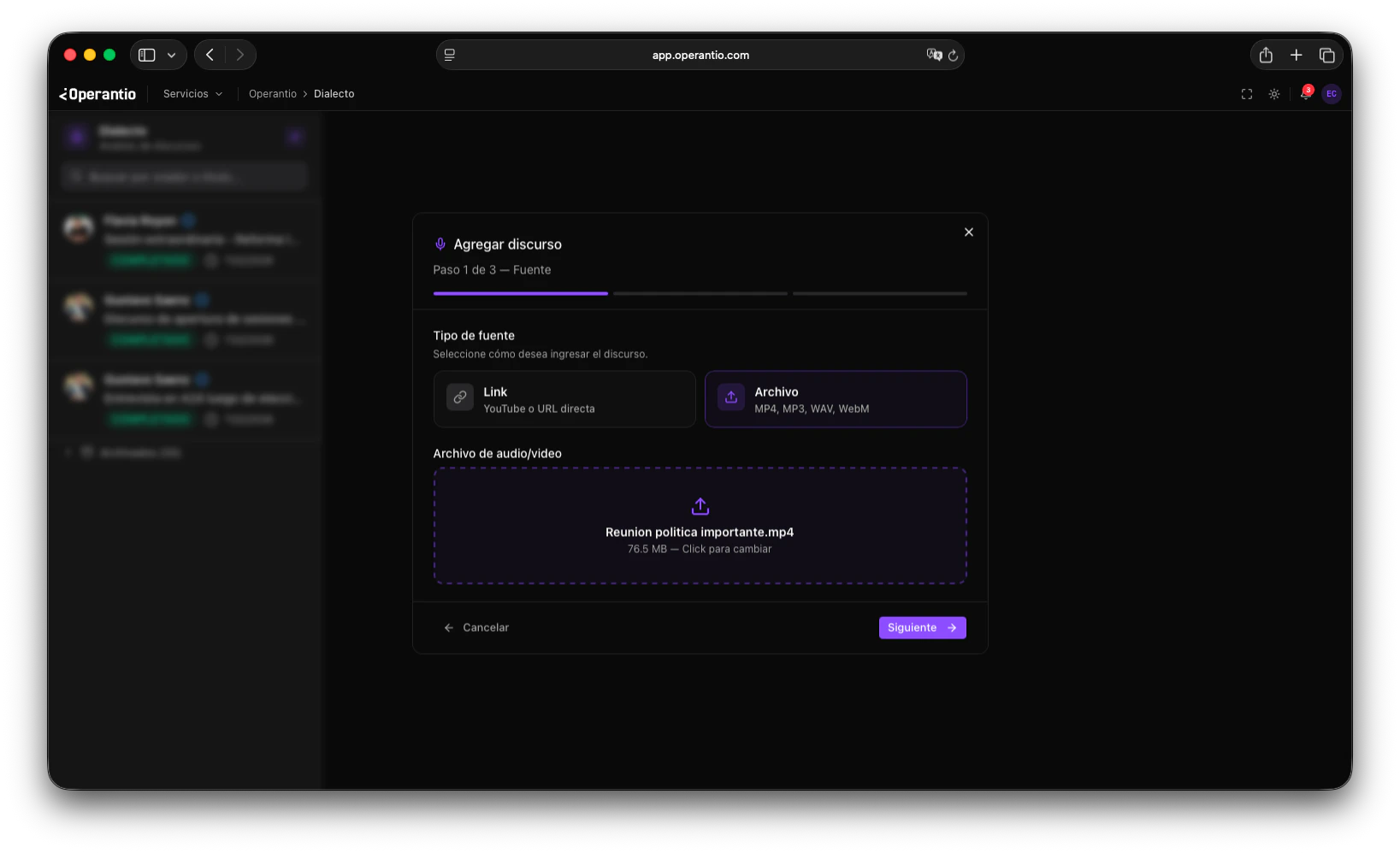 Archivo seleccionado mostrando nombre y tamaño