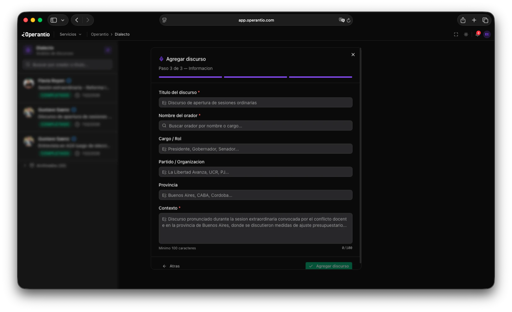 Formulario de información del discurso