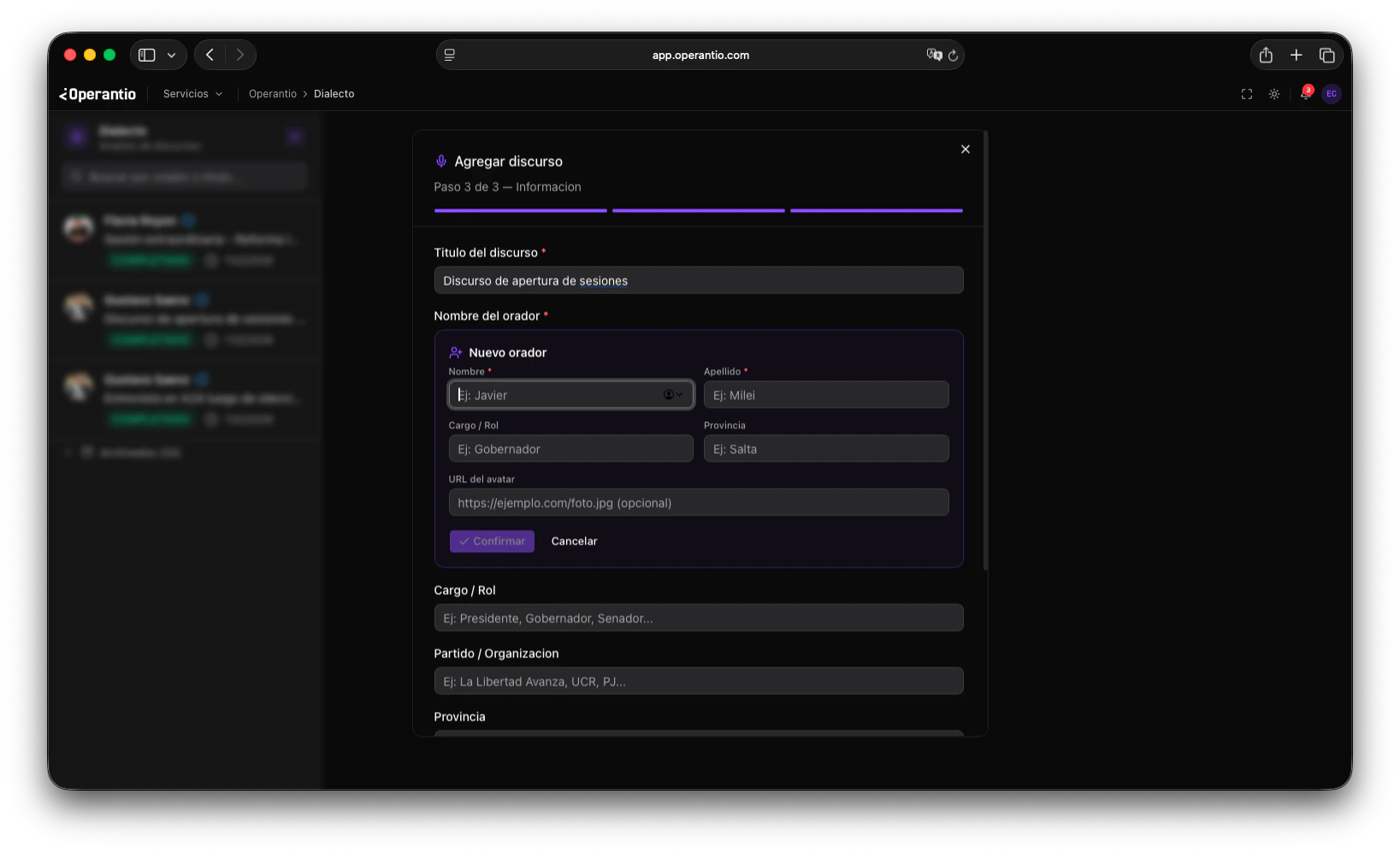 Formulario para crear nuevo orador
