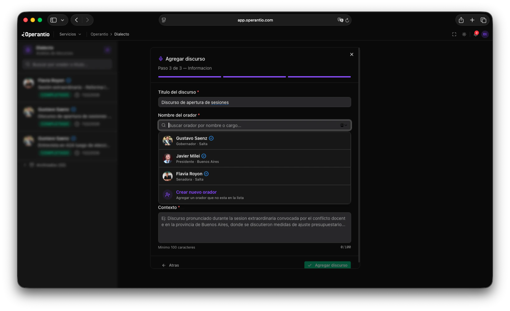 Búsqueda de orador con sugerencias desplegadas
