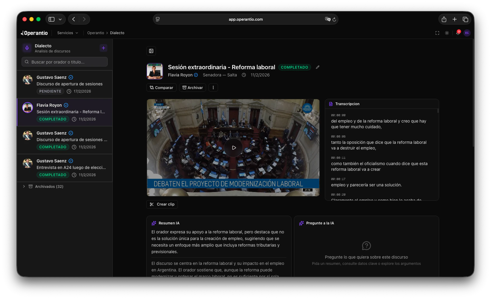 Vista general del detalle de un discurso con las tres secciones principales