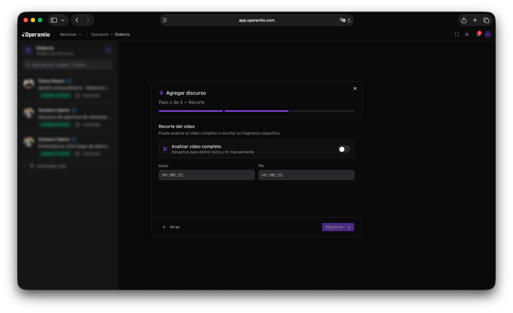 Campos de inicio y fin para recorte del video