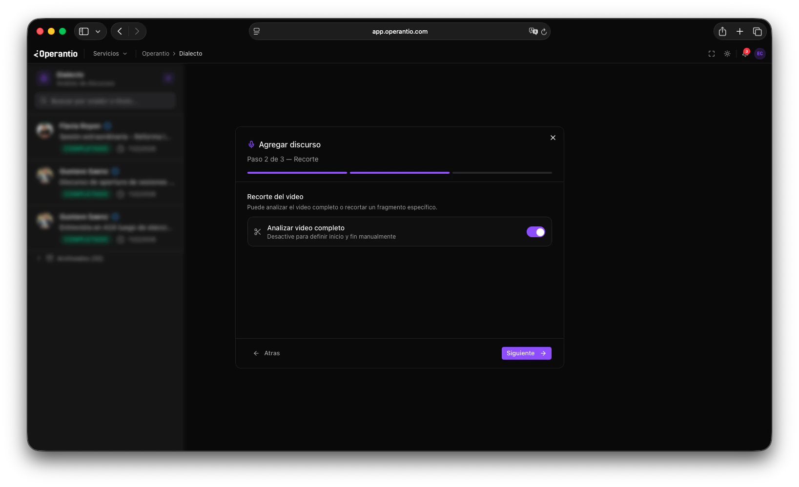 Paso de recorte con toggle de video completo