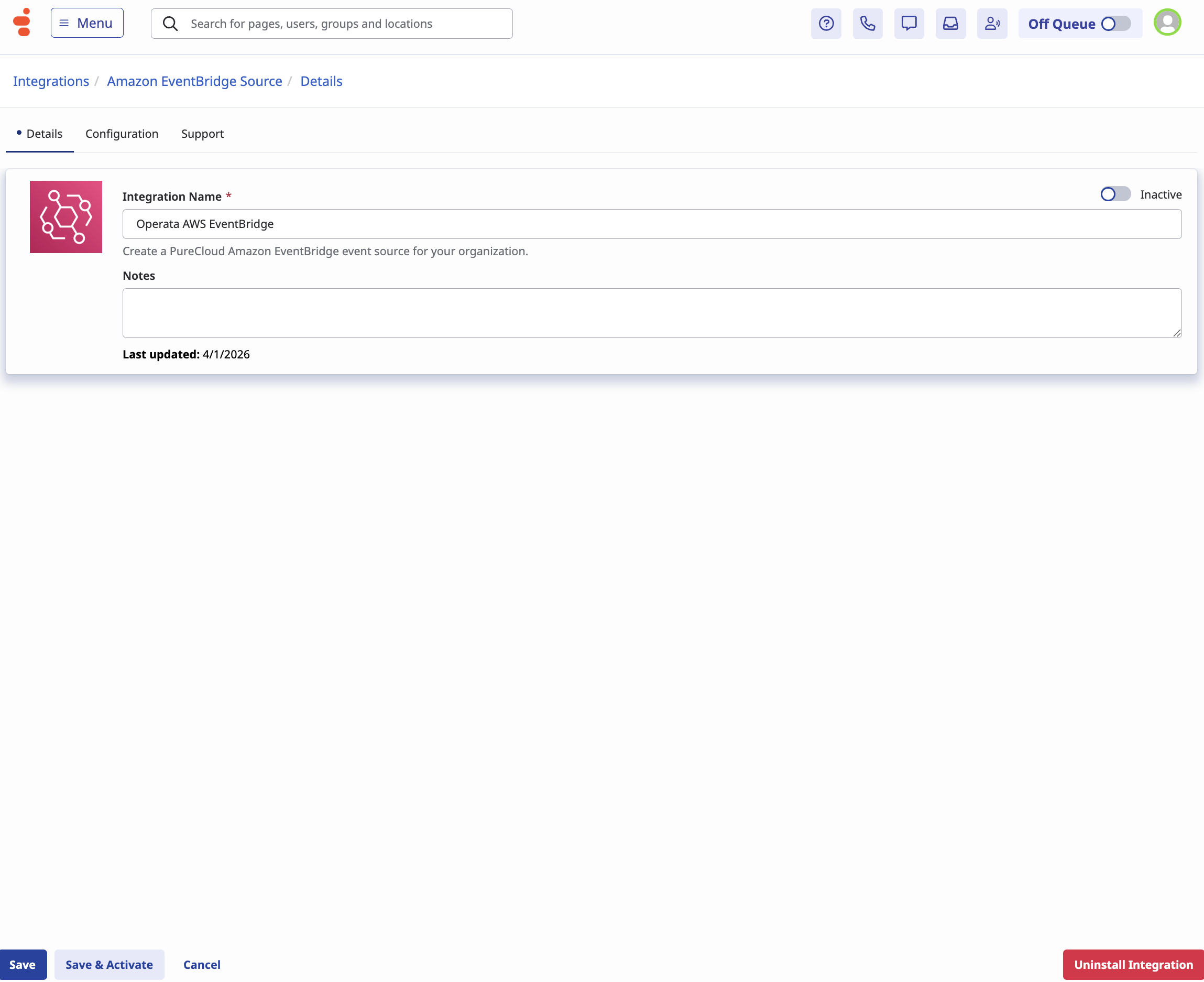 EventBridge integration name