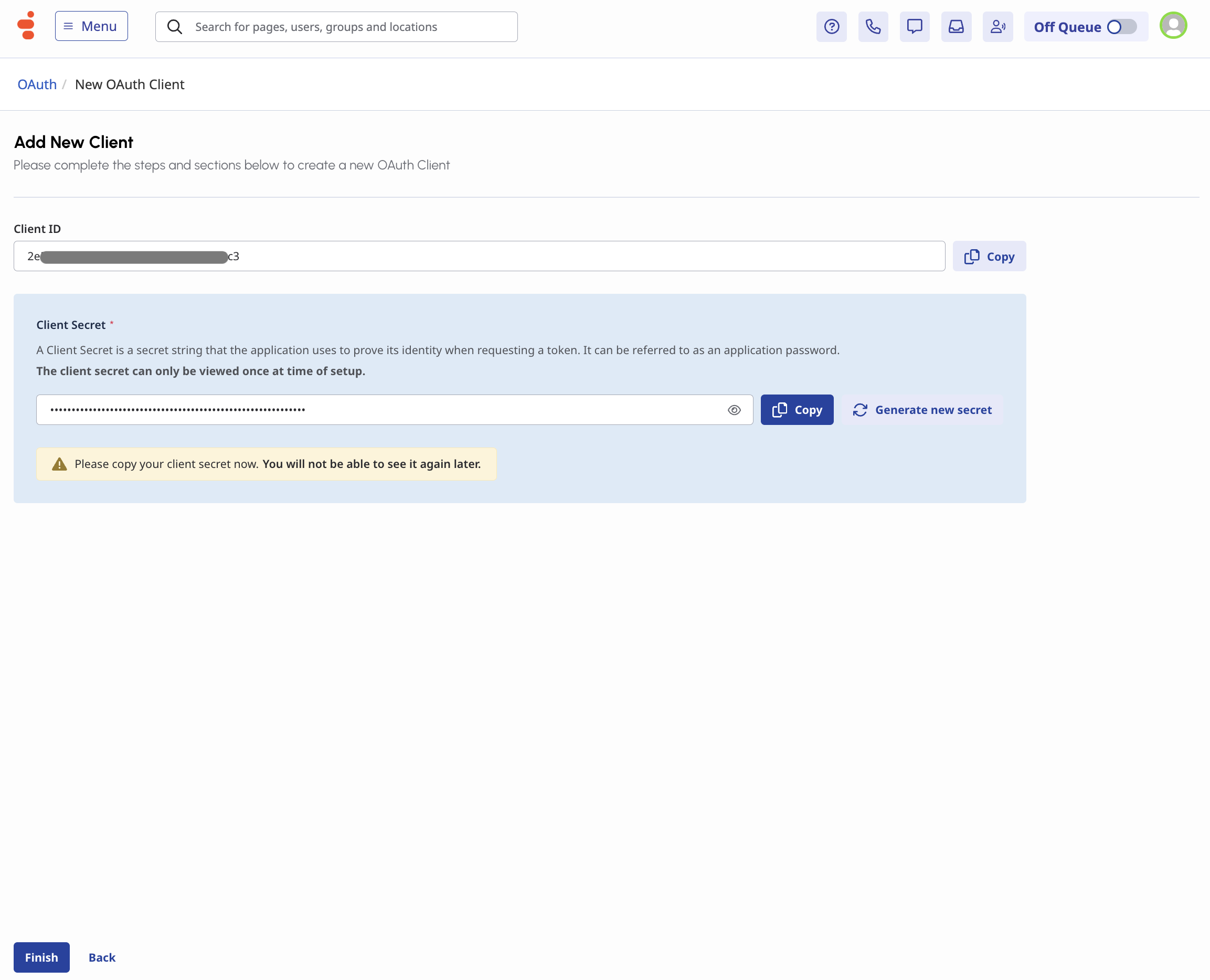 Client ID and secret displayed