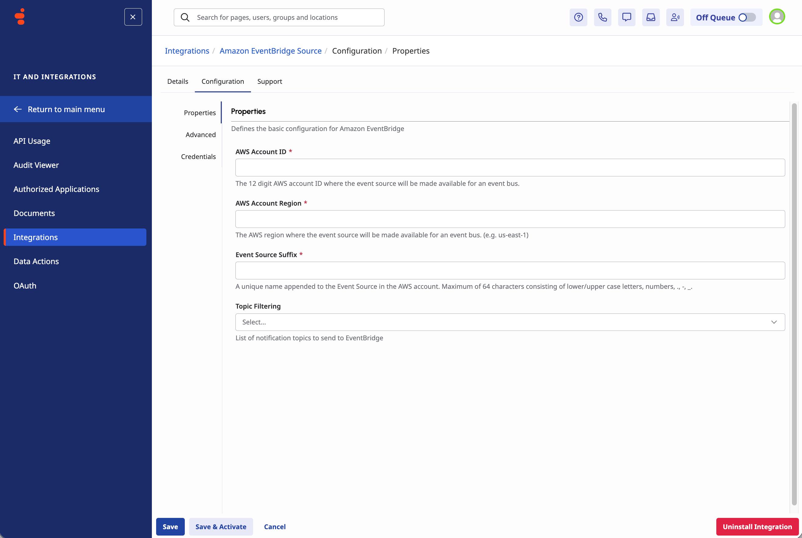 EventBridge configuration screen