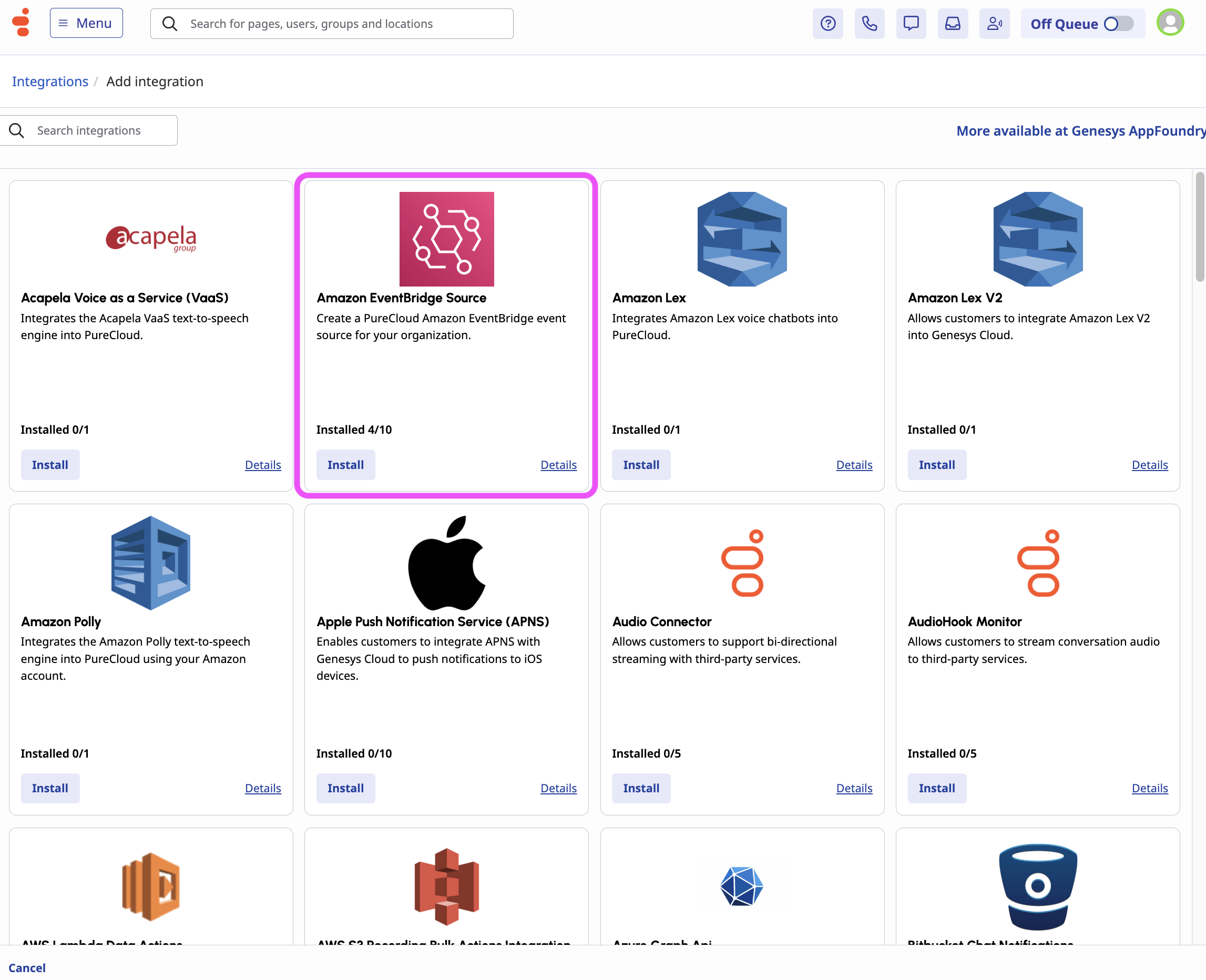 Selecting Amazon EventBridge in the Integrations catalog