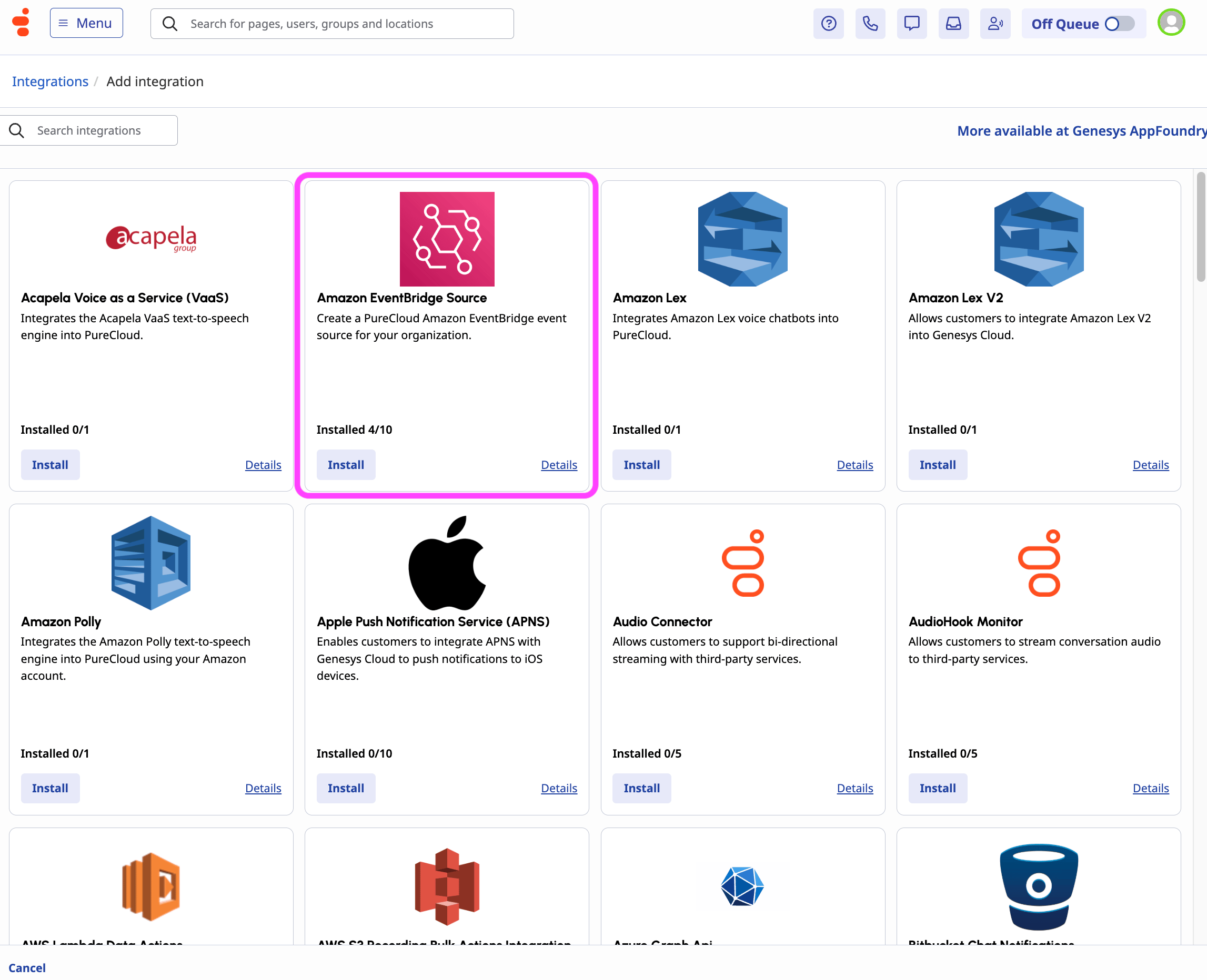Selecting Amazon EventBridge in the Integrations catalog