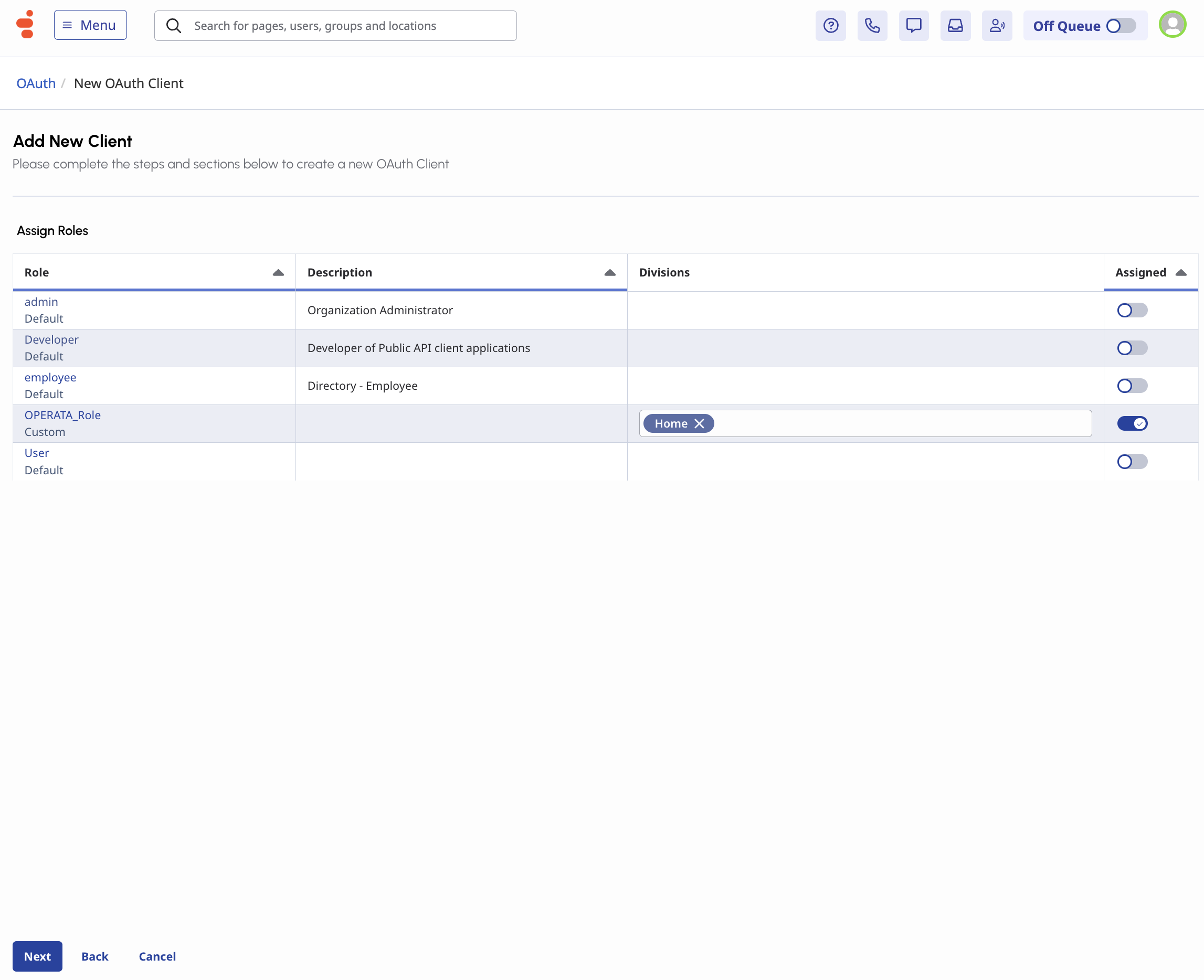 Assigning the OPERATA_Role
