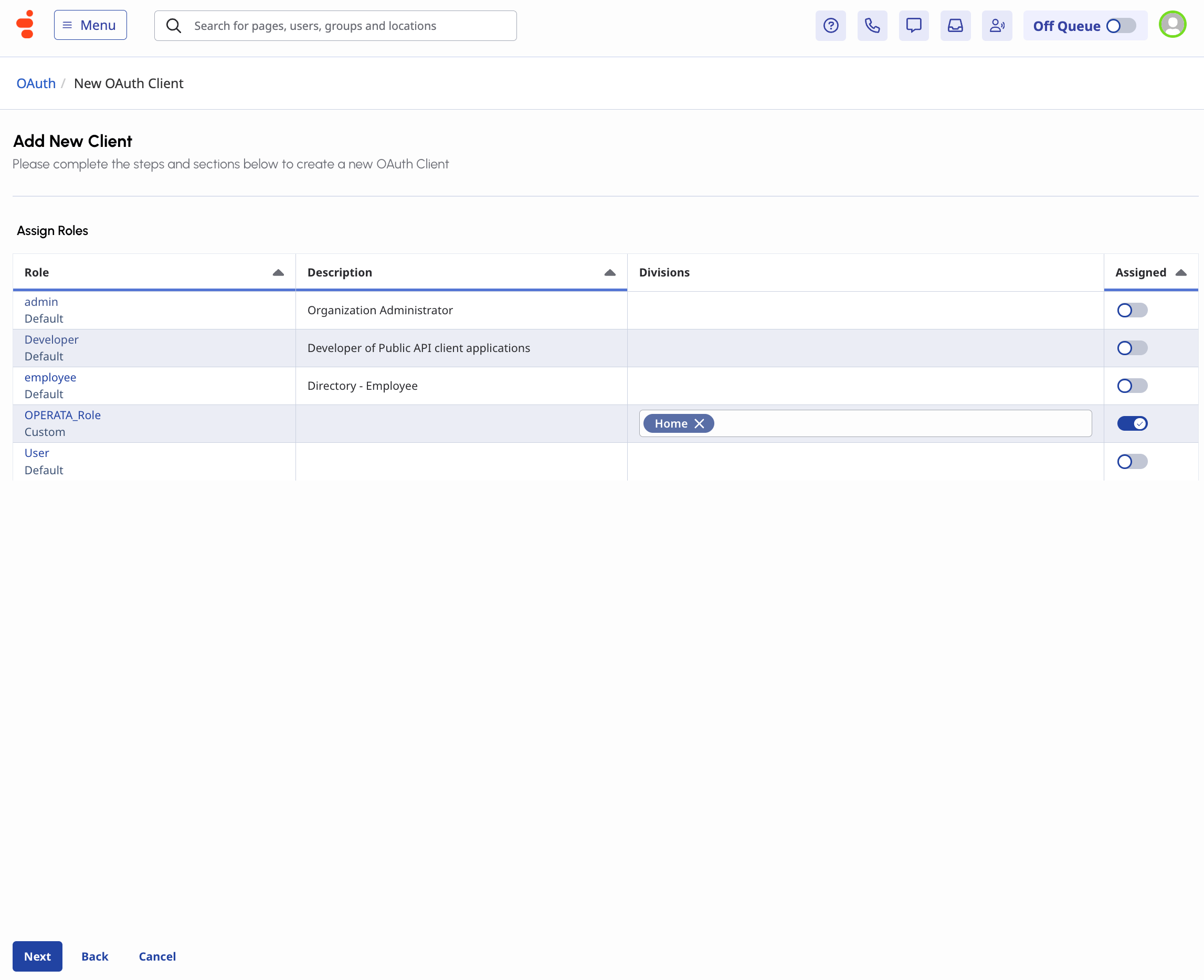 Assigning the OPERATA_Role