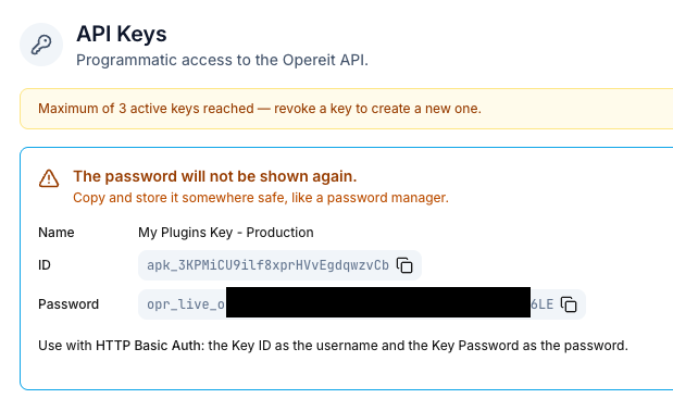 New API key showing its name, ID and password, with a warning that the password is shown only once